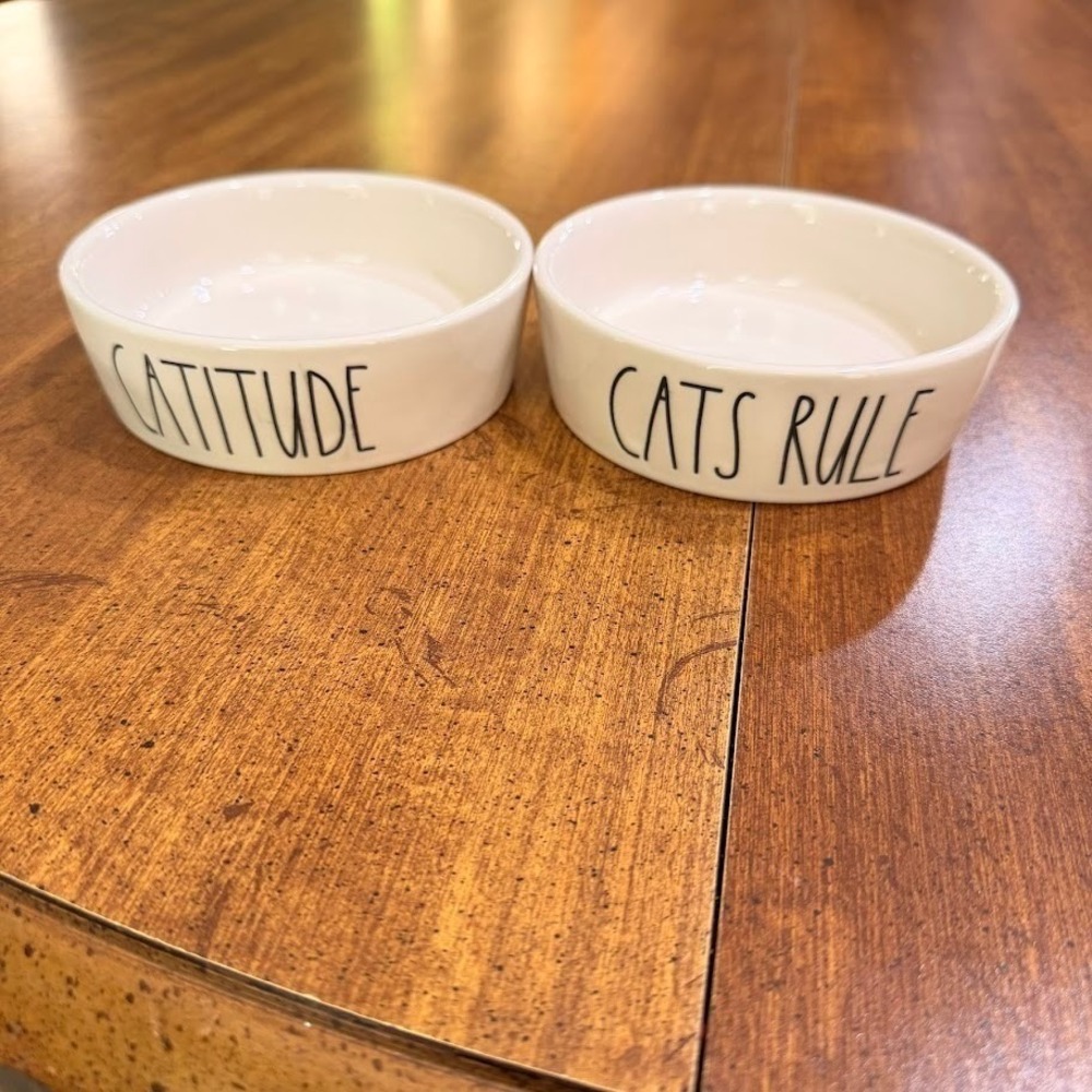 Rae Dunn Cat Bowls Set 2 Catitude Cats Rule White Ceramic Pet Food Dishes Bowl - Picture 4 of 9